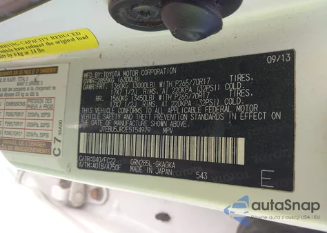 2014 Toyota 4Runner Trail z USA, uszkodzony, nr VIN JTEBU5JR2E5154979